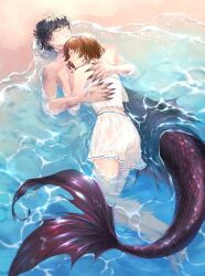  1boy 1girl alternate_universe amamiya_ren beach black_hair braid brown_hair closed_eyes commission couple crown_braid english_commentary full_body hetero highres hug lying lying_on_person merfolk merman monster_boy monsterification niijima_makoto ocean on_back on_stomach outdoors parted_lips partially_submerged persona persona_5 sand sarcii scales short_hair smile waves 