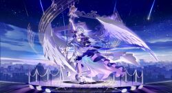  1girl absurdres arm_up bare_shoulders blue_hair changerduo choker city cityscape clouds cloudy_sky collar detached_sleeves dress full_body gloves hair_between_eyes halo hand_up head_wings high_heels highres holding holding_microphone_stand honkai:_star_rail honkai_(series) long_hair looking_up microphone microphone_stand music musical_note musical_staff night open_mouth outdoors purple_choker purple_collar purple_dress purple_sleeves robin_(honkai:_star_rail) shooting_star short_sleeves singing sky skyline solo spotlight standing star_(sky) starry_sky white_dress white_gloves white_wings wings 