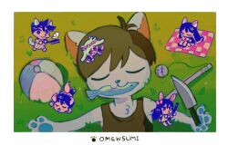  2girls 4boys animal_ears antenna_hair aubrey_(headspace)_(omori) aubrey_(omori) ball basil_(headspace)_(omori) basil_(omori) black_hair black_tank_top bow bright_pupils brother_and_sister brothers cat_boy cat_ears cat_girl cat_tail checkered_blanket closed_eyes closed_mouth colored_skin dog_boy dog_ears dog_tail double-parted_bangs fish_in_mouth fried_egg frying_pan furrification furry furry_female furry_male hair_between_eyes hair_bow hero_(headspace)_(omori) hero_(omori) holding holding_frying_pan kel_(headspace)_(omori) kel_(omori) long_hair mari_(headspace)_(omori) mari_(omori) milkymilkyshark mini_person miniboy minigirl multiple_boys multiple_girls omori omori_(omori) pink_bow purple_hair rabbit_boy rabbit_ears rabbit_girl rabbit_tail short_hair siblings sitting tail tank_top violet_eyes white_pupils white_skin 