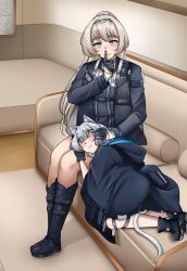  2girls absurdres alva_(girls'_frontline_2) an-94_(girls'_frontline) andro_xg animal_ears arknights blonde_hair blue_eyes boots cat_ears cat_girl cat_tail coat crossover finger_to_mouth girls'_frontline_2:_exilium girls_frontline highres multiple_girls petting rhodes_island_uniform rosmontis_(arknights) shushing sleeping sleeping_on_person tail white_hair 