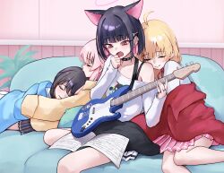  4girls after-school_sweets_club_(blue_archive) ahoge airi_(band)_(blue_archive) airi_(blue_archive) animal_ears black_choker black_hair black_skirt blonde_hair blue_archive blue_jacket blush book cat_ears cat_girl choker clenched_hand closed_eyes closed_mouth colored_inner_animal_ears colored_inner_hair commentary couch earclip earrings extra_ears feet_out_of_frame guitar hair_between_eyes hair_ornament hair_ribbon hairclip halo highres holding holding_guitar holding_instrument indoors instrument jacket jacket_partially_removed jewelry kazusa_(band)_(blue_archive) kazusa_(blue_archive) leaning_on_person long_hair looking_down lying miniskirt multicolored_hair multiple_girls multiple_rings natsu_(band)_(blue_archive) natsu_(blue_archive) noomaru_(nomorepeople) official_alternate_costume official_alternate_hairstyle on_back on_couch on_stomach open_book open_mouth pink_hair pink_halo pink_skirt pleated_skirt profile reading red_eyes red_jacket red_ribbon ribbon ring sheet_music short_hair sidelocks single_bare_shoulder sitting skirt sleeping sleeves_past_wrists smile straight_hair stud_earrings tsurime two-tone_hair white_skirt yellow_jacket yoshimi_(band)_(blue_archive) yoshimi_(blue_archive) 