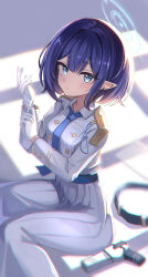  1girl :/ absurdres adjusting_clothes adjusting_gloves aoi_(blue_archive) belt blue_archive blue_eyes blue_hair blue_halo blue_necktie blurry blurry_background bob_cut closed_mouth commentary_request cowboy_shot cropped_jacket depth_of_field dot_nose dress earclip expressionless from_side gloves gun halo handgun hands_up highres holstered invisible_chair jacket light_blush light_particles long_skirt looking_at_viewer necktie overexposure pencil_dress pleated_skirt pointy_ears short_hair shoulder_boards sidelighting simple_background sitting skirt solo split_mouth unworn_belt weapon white_dress white_gloves white_jacket window_shadow zino_zinuo 