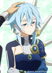  1boy 1girl abstract_background absurdres aco_(bearchannel) armor artist_name averting_eyes black_jacket black_shrug blue_armor blue_eyes blue_hair breastplate breasts closed_mouth commentary_request double-parted_bangs feet_out_of_frame gold_trim green_background hair_between_eyes hair_tubes hand_on_own_arm highres jacket kirito light_blush long_sleeves looking_to_the_side medium_hair official_alternate_costume pauldrons shirt shoulder_armor shrug_(clothing) single_pauldron sinon sinon_(solus) small_breasts solo swept_bangs sword_art_online sword_art_online:_alicization twitter_username upper_body watermark white_background white_shirt white_wrist_cuffs wrist_cuffs 