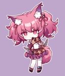  1girl animal_ear_fluff anklet arknights black_footwear chibi diamond-shaped_pupils diamond_(shape) dress full_body hair_ribbon highres holding holding_knife infection_monitor_(arknights) jewelry knife lalihop long_hair morte_(arknights) pantyhose pink_dress pink_eyes pink_hair pink_ribbon purple_background ribbon shamare_(arknights) shoes simple_background solo standing symbol-shaped_pupils twintails white_pantyhose 