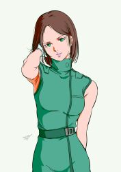  1girl aeug belt breasts brown_hair emma_sheen gloves green_eyes gundam highres looking_at_viewer military military_uniform pgmajimaji science_fiction short_hair simple_background sleeveless smile solo white_background white_gloves zeta_gundam 