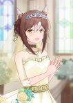  1girl :d absurdres animal_ears brown_hair dress fine_motion_(titania)_(umamusume) fine_motion_(umamusume) green_eyes hair_between_eyes hair_bun hair_ribbon highres horse_ears horse_girl jewelry looking_at_viewer multicolored_hair necklace official_alternate_costume ribbon single_hair_bun smile solo the_promised_time:_silks_&amp;_three_riddles_(umamusume) tiara two-tone_hair umamusume upper_body wasi wedding_dress white_hair 