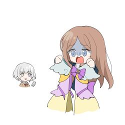  2girls bang_dream! bang_dream!_it's_mygo!!!!! blue_eyes brown_hair chibi grey_hair heterochromia highres kaname_raana long_hair magical_girl multiple_girls nagasaki_soyo school_uniform short_hair torn_clothes white_background yzj21333 