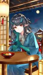  1girl absurdres arknights black_hair blue_kimono chair chinese_commentary chinese_new_year chopsticks closed_mouth colored_extremities commentary_request dragon_girl dragon_horns dusk_(arknights) earrings feet_out_of_frame food full_moon highres holding holding_chopsticks horns japanese_clothes jewelry kimono lantern long_hair moon multicolored_hair night on_chair orange_eyes overlord_dog paper_lantern plate pointy_ears print_kimono round_table sitting solo star_(sky) streaked_hair table tassel wooden_chair wooden_table 