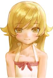  1girl bare_shoulders blonde_hair blush bow close-up closed_mouth collarbone commentary corrupted_twitter_file dress dress_bow flat_chest hair_flaps highres kofi-mo light_smile long_hair looking_at_viewer monogatari_(series) nose_blush oshino_shinobu pink_bow pink_trim portrait simple_background sleeveless sleeveless_dress smile solo straight-on sundress swept_bangs white_background white_dress yellow_eyes 
