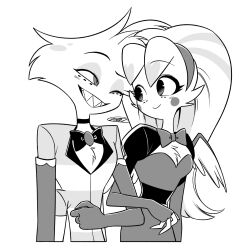  1boy 1girl ;d angel_dust arm_hug arms_at_sides belt bow bowtie brooch brother_and_sister choker circle_facial_mark cocked_eyebrow commentary_request cropped_torso dress elbow_gloves extra_arms eye_contact facial_mark fewer_digits fingerless_gloves forehead-to-forehead furry furry_female furry_male gloves gradient_eyes greyscale grin hairband hatching_(texture) hazbin_hotel heads_together hellaverse highres horns jewelry lapels long_hair looking_at_another looking_back menma_(enaic31) molly_(hazbin_hotel) monochrome multicolored_eyes multicolored_hair no_pupils one_eye_closed puffy_short_sleeves puffy_sleeves raglan_sleeves raised_eyebrow sharp_teeth shirt short_sleeves siblings signature simple_background smile streaked_hair striped_clothes striped_shirt tareme teeth traditional_bowtie twins two-tone_eyes two-tone_shirt two-tone_wings white_background wings 