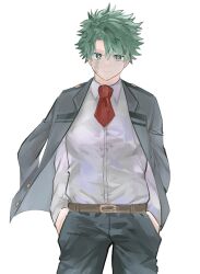  1boy boku_no_hero_academia closed_mouth collared_shirt cowboy_shot dress_shirt freckles green_eyes green_hair hands_in_pockets highres jacket jacket_on_shoulders looking_at_viewer male_focus midoriya_izuku necktie piiiien4 red_necktie scar scar_on_face school_uniform shirt shirt_tucked_in short_hair simple_background solo u.a._school_uniform white_background white_shirt 