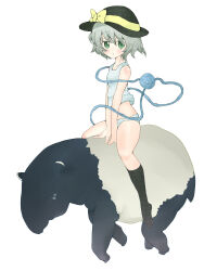  1girl animal artist_request bare_shoulders eyeball hat hat_ribbon komeiji_koishi looking_at_viewer panties ribbon riding short_hair socks tank_top tapir third_eye touhou underwear white_background 