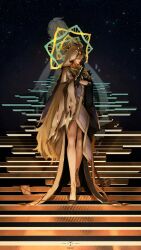  artist_name back-to-back black_gloves black_shoes blonde_hair commentary double_helix dress english_commentary full_body genshin_impact gloves halo halo_behind_head hand_up highres long_hair looking_to_the_side naberius_(genshin_impact) on_stairs parted_lips rhinedottir_(genshin_impact) shoes single_glove solo_focus star_(sky) starry_sky_background tagcaat two-sided_veil veil very_long_hair white_veil 
