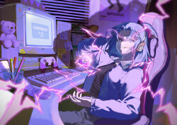  1girl absurdres bedroom blue_hair blue_jacket cellphone chair collared_shirt computer controller cup desk flip_phone game_controller gaming_chair glowing grin hair_ornament hairclip highres indoors jacket joystick lightning long_sleeves looking_at_viewer magic messy_room monitor original pen phone shirt sitting smile solo striped_clothes striped_shirt stuffed_animal stuffed_toy swivel_chair teddy_bear violet_eyes window window_blinds winged_hair_ornament yos_(72112764) 