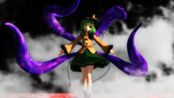  1girl blouse bow colored_sclera commentary_request eyeball frills furui glowing glowing_eye glowing_eyes green_eyes green_hair green_skirt hat hat_bow hat_ribbon heart heterochromia highres komeiji_koishi long_sleeves looking_at_viewer mikumikudance_(medium) red_eyes ribbon shirt short_hair skirt solo standing tentacles third_eye touhou wide_sleeves yellow_shirt 