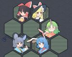  &gt;_o 5girls :3 animal_ears ascot black_hair black_headwear blonde_hair blue_hair bow commentary curly_hair dowsing_rod earclip green_hair grey_hair hair_bow hair_tubes hakurei_reimu heart heart_print hexagon highres horns kine kirisame_marisa komano_aunn mallet multiple_girls nazrin one_eye_closed rabbit_ears red_bow seiran_(touhou) short_hair sidelocks single_horn teeth touhou unfinished_dream_of_all_living_ghost upper_teeth_only wrevhy yellow_ascot 