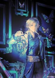  1boy absurdres animal_print aqua_eyes belt black_pants black_shirt blonde_hair blue_theme blurry blurry_foreground bug butterfly butterfly_earrings butterfly_print chinese_commentary closed_mouth collar_chain_(jewelry) collared_jacket collared_shirt contrast_lapels cowboy_shot curtained_hair dim_lighting ear_piercing earrings framed_insect glint hand_up highres holding holding_lantern jacket jewelry lantern lapels lars_rorschach light_particles lion long_sleeves looking_at_viewer lovebrush_chronicles male_focus multiple_belts open_clothes open_collar open_jacket pants parted_bangs picture_frame piercing shadow shirt short_hair sidelighting sideways_glance smile solo standing sweater_guard themed_object too_many too_many_butterflies waist_cape wallet_chain watermark weibo_watermark white_jacket wolf_cut yao_guan_cha 