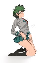  1girl black_skirt black_socks boku_no_hero_academia collared_shirt commentary english_commentary freckles from_side genderswap genderswap_(mtf) grape_gogo green_hair grey_jacket highres jacket long_sleeves looking_at_viewer midoriya_izuku miniskirt necktie no_shoes pleated_skirt red_necktie school_uniform shirt short_hair simple_background skirt socks solo sweatdrop u.a._school_uniform white_background 