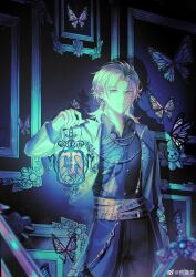  1boy absurdres animal_print aqua_eyes belt black_pants black_shirt blonde_hair blue_theme blurry blurry_foreground bug butterfly butterfly_earrings butterfly_print chinese_commentary closed_mouth collar_chain_(jewelry) collared_jacket collared_shirt contrast_lapels cowboy_shot curtained_hair dim_lighting ear_piercing earrings framed_insect glint hand_up highres holding holding_lantern jacket jewelry lantern lapels lars_rorschach light_particles lion long_sleeves looking_at_viewer lovebrush_chronicles male_focus multiple_belts open_clothes open_collar open_jacket pants parted_bangs picture_frame piercing shadow shirt short_hair sidelighting sideways_glance smile solo standing sweater_guard themed_object too_many too_many_butterflies waist_cape wallet_chain watermark weibo_watermark white_jacket wolf_cut yao_guan_cha 