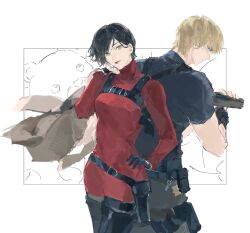  1boy 1girl ada_wong back-to-back black_boots black_gloves black_hair black_pantyhose blonde_hair blue_eyes blue_shirt boots border breasts brown_coat brown_hair chest_harness coat cowboy_shot dress fingerless_gloves gloves gun hair_between_eyes hand_on_own_hip hand_on_own_shoulder handgun harness holding holding_gun holding_weapon hryc2344 leon_s._kennedy light_smile long_sleeves medium_breasts pantyhose red_lips resident_evil resident_evil_4 ribbed_dress shirt short_dress short_hair short_sleeves stuffed_animal stuffed_toy teddy_bear teddy_bear_ornament thigh_boots turtleneck turtleneck_dress unworn_coat weapon white_border 