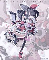  1girl alice's_adventures_in_wonderland ame-chan_(needy_girl_overdose) asymmetrical_footwear asymmetrical_legwear black_bow black_hair black_pantyhose black_shoes bow collared_dress commentary copyright_name detached_sleeves dress english_commentary expressionless frilled_dress frilled_socks frilled_thigh_strap frills full_body hair_bow hair_ornament hair_over_one_eye highres holding holding_wand long_hair looking_at_viewer magical_girl mismatched_footwear needy_girl_overdose official_alternate_costume official_art pantyhose puffy_detached_sleeves puffy_sleeves rabbit_hair_ornament red_bow red_dress red_shoes red_socks shoes short_dress single_leg_pantyhose socks solo standing standing_on_one_leg thigh_strap twintails usagi_nui wand white_bow x_hair_ornament zoom_layer 