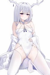  1girl :/ absurdres azur_lane bare_shoulders blush clothes_pull covered_navel detached_collar dragon_girl dragon_horns dragon_tail full_body groin hair_between_eyes hand_on_own_stomach hand_up highleg highleg_leotard highres horn_ornament horns jacket jacket_pull kizu_(azur_lane) kneeling leotard light_frown long_hair open_clothes open_jacket skin_tight skindentation spread_legs tail thighs tiptoes very_long_hair violet_eyes white_hair white_jacket white_leotard zerotwenty_(020) 