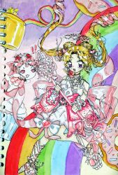  1girl animal arm_bow arm_warmers back_bow bare_shoulders bead_armlet bead_choker beads blonde_hair bow bow-shaped_hair bubble_skirt cat cloak clothed_animal dmiao88200 double_bun doughnut dreamtime_bestowed_(infinity_nikki) dress drill_hair ear_covers eyelashes fake_horns food full_body gradient_background gradient_hair hair_beads hair_bun hair_ornament hair_ribbon halo happy heart heart_hair_ornament high_heels highres holding holding_spoon hood hood_up hooded_cloak horns infinity_nikki jewelry large_bow layered_dress leg_ribbon long_hair momo_(nikki) multicolored_hair multicolored_shoes neck_ribbon necklace nikki_(series) official_alternate_costume open_mouth oversized_object pink_bow pink_cloak pink_dress pink_hair pink_halo pink_ribbon pink_shoes platform_shoes pudding purple_background rainbow ribbon shoes short_dress skirt sleeveless sleeveless_dress smile spaghetti_strap spoon sprinkles tareme teeth traditional_media twin_drills twintails two-tone_background two-tone_hair two-tone_shoes unicorn_horn upper_teeth_only very_long_hair violet_eyes white_arm_warmers white_cat white_dress white_ribbon white_shoes wrist_bow yellow_background 