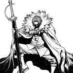  1boy boichi cape full_body fur-trimmed_cape fur_trim holding holding_sword holding_weapon looking_down male_focus monochrome one_piece redhead sandals shadow shanks_(one_piece) short_hair sitting sleeves_rolled_up solo sword weapon white_background 