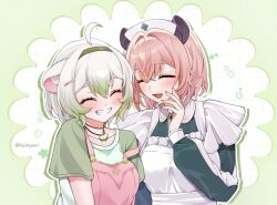  2girls ahoge animal_ears apron blush brown_hair closed_mouth dress eyeliner ferret_ears ferret_girl food fruit gradient_hair green_background green_dress green_eyeliner green_hair green_shirt hair_between_eyes hairband hat indie_virtual_youtuber jewelry lime_(fruit) lime_slice limealicious makeup multicolored_hair multiple_girls necklace nimi_nightmare nurse nurse_cap open_mouth overalls pink_overalls reiayaori shirt short_hair smile tapir_ears tapir_girl virtual_youtuber white_apron white_hair 