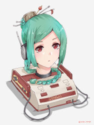  1girl :o absurdres android artist_name braid cable comb disembodied_head famicom game_console gintama green_hair hair_bun hair_ornament hair_stick hairpin headphones highres long_hair looking_at_viewer open_mouth parted_lips radio_antenna rasen_manga red_eyes simple_background single_braid single_hair_bun solo tama_(gintama) twitter_username 