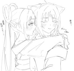  2girls animal_ears arms_around_neck arrow_through_heart blush cho_kaguya-hime! choker closed_eyes closed_mouth forehead_jewel fox_ears greyscale hair_ribbon hand_on_another's_waist highres japanese_clothes kimono looking_at_another meshiycy monochrome multiple_girls obi ribbon runami_yachiyo sakayori_iroha sash smile translation_request twintails upper_body yuri 