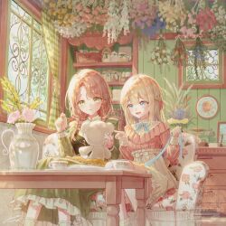  2girls :d apron bandaid bandaid_on_finger bandaid_on_hand basket blonde_hair blue_bow blue_bowtie blue_eyes blue_ribbon bow bowtie braid brown_hair chest_of_drawers commentary_request couch cup curtained_hair curtains double-parted_bangs dress feet_out_of_frame flower frilled_apron frilled_dress frills green_dress green_eyes hair_bow hair_intakes hair_over_shoulder half_up_braid hands_up hanging_flower highres holding holding_ribbon holding_sewing_needle holding_stuffed_toy indoors inkwell jar krw_iu000 long_hair long_sleeves looking_at_object low_twin_braids medium_dress multiple_girls object_on_lap on_couch open_mouth original parted_lips pillow pink_flower pointing raised_inner_eyebrows red_bow ribbon saucer sewing shelf side-by-side sidelocks sitting smile socks stuffed_animal stuffed_toy sunlight table teacup teddy_bear teeth twin_braids upper_teeth_only vase waist_apron waist_bow watermark white_apron white_bow white_socks window yellow_flower 