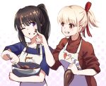  2girls :t alternate_hairstyle apron black_hair blonde_hair blue_shirt blush bowl bright_pupils brown_shirt chocolate chocolate_on_face commentary_request cookie double-parted_bangs food food_on_face grin hair_between_eyes hair_ribbon holding holding_bowl hyoe_(hachiechi) inoue_takina long_hair looking_at_another lycoris_recoil multiple_girls nishikigi_chisato one_eye_closed polka_dot polka_dot_background ponytail red_eyes red_ribbon ribbon shirt short_hair short_sleeves sidelocks simple_background sleeves_rolled_up smile upper_body violet_eyes white_apron white_background white_pupils 