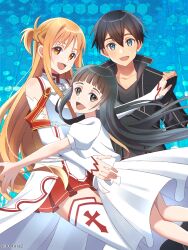  1boy 2girls :d abstract_background absurdres asuna_(sao) bare_shoulders black_coat black_hair blue_background blunt_bangs braid brown_eyes brown_hair coat collared_coat commentary_request cowboy_shot detached_sleeves double-parted_bangs dress family grey_eyes grey_shirt hair_between_eyes half_up_half_down_braid high_collar highres holding_hands hug kirito long_hair looking_at_viewer looking_back medium_dress messy_hair miniskirt multiple_girls open_clothes open_coat pleated_skirt red_skirt red_trim shirt short_hair skirt sleeveless sleeveless_dress smile straight-on straight_hair sword_art_online thigh-highs tu_tora2 turtleneck turtleneck_dress white_dress white_sleeves white_thighhighs yui_(sao) zettai_ryouiki 