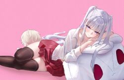  1girl absurdres blush brown_thighhighs character_doll character_request closed_mouth collarbone commentary_request doll english_commentary foot_out_of_frame highres legs long_hair long_sleeves looking_at_viewer lying maplestory mixed-language_commentary on_side orchid_(maplestory) pink_background red_skirt shirt simple_background skirt solo stuffed_toy thigh-highs thighs violet_eyes white_hair white_shirt yawww_(yawwwart) zettai_ryouiki 