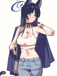  1girl absurdres anygatsby bare_shoulders belly black_eyes black_hair black_nails blue_archive blue_halo blush cat_tail choker closed_mouth halo highres kikyou_(blue_archive) long_hair looking_to_the_side nail_polish pants solo solo_focus suit tail 