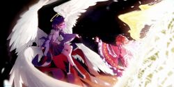  2girls a0s0l black_boots blue_eyes boots braid collared_dress commentary crescent_moon cross-laced_clothes cross-laced_dress dress english_commentary feathered_wings frilled_dress frills from_side furisode_sleeves grin half_up_braid halo highres hololive hololive_english long_hair long_sleeves moon multiple_girls multiple_wings ninomae_ina'nis_(drawn_to_dawn) official_alternate_costume official_alternate_hairstyle orange_dress orange_hair outstretched_arm pleated_dress pointy_ears purple_dress purple_hair reaching short_dress short_hair smile sun takanashi_kiara_(drawn_to_dawn) violet_eyes virtual_youtuber white_wings wide_sleeves wings 