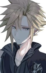  1boy ao_ringo_(yakirinngo_ha) blonde_hair blue_eyes closed_mouth cloud_strife collarbone commentary earrings fenrir_(final_fantasy) final_fantasy final_fantasy_vii final_fantasy_vii:_advent_children hair_between_eyes highres jewelry male_focus popped_collar ribbed_shirt shirt short_hair single_bare_shoulder single_shoulder_pad solo spiky_hair stud_earrings upper_body white_background 