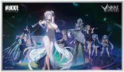  abe_(nikke) anis_(nikke) aria_(nikke) artist_request backless_dress backless_outfit black_dress black_hair blonde_hair blue_hair breasts cinderella_(nikke) dark-skinned_female dark_skin detached_sleeves dress english_text frilled_dress frills glass_slipper goddess_of_victory:_nikke gretel_(nikke) hair_ornament hansel_(nikke) high_heels highres instrument large_breasts little_mermaid_(nikke) microphone multiple_girls official_alternate_costume official_art orchestra outline piano twintails white_dress white_hair white_outline 