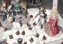 1girl 6+boys absurdres aiguillette army black_boots black_hair blonde_hair blue_coat boots brown_eyes brown_gloves brown_hair coat cockade column dress epaulettes figure french_army french_flag from_above fur_coat gloves gold_trim grey_hair hat height_difference highres holding holding_hands holding_telescope jewelry long_hair long_sidelocks long_sleeves map_(object) medium_hair military_hat military_uniform multiple_boys napoleonic_wars necklace open_mouth pants pearl_necklace pillar red_dress red_eyes sidelocks spyglass standing telescope tricorne wargame white_hair white_pants 
