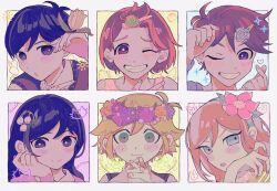  2girls 4boys alternate_eye_color alternate_hairstyle antenna_hair aubrey_(faraway)_(omori) aubrey_(omori) bangs_pinned_back basil_(faraway)_(omori) basil_(omori) black_eyes black_hair black_sweater_vest blonde_hair blue_eyes blue_hairband blue_nails blue_sweater blush bright_pupils brother_and_sister brothers brown_eyes brown_hair closed_mouth collared_shirt commentary double-parted_bangs ear_piercing finger_heart flower flower_wreath grin hair_between_eyes hair_ornament hairband hairclip head_wreath hero_(faraway)_(omori) hero_(omori) highres interlocked_fingers kel_(faraway)_(omori) kel_(omori) long_hair looking_at_viewer mari_(faraway)_(omori) mari_(omori) milkymilkyshark multiple_boys multiple_girls omori one_eye_closed open_mouth own_hands_clasped own_hands_together piercing pink_hair shirt short_hair siblings sidelocks smile sunny_(omori) sweater sweater_vest teeth white_pupils white_shirt 