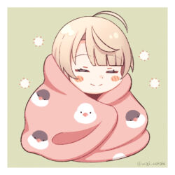  1boy 1girl ahoge apple_(zdj0266) bird blanket blonde_hair blush_stickers border closed_eyes closed_mouth green_background highres indie_virtual_youtuber male_focus shigure_ui_(vtuber) smile solo twitter_username under_covers virtual_youtuber white_border yellow_background 