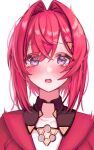  1girl ange_katrina blue_eyes blush cardigan hair_between_eyes hair_intakes hair_ornament hair_over_face hair_over_one_eye highres jewelry looking_at_viewer necklace nijisanji oni0417 open_mouth red_cardigan redhead short_hair surprised tearing_up white_background 