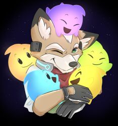  1boy animal_ears brown_fur closed_mouth english_commentary fox_boy fox_ears fox_mccloud furry furry_male highres hug looking_at_another looking_up luma_(mario) one_eye_closed open_mouth shyblacksheep smile star_fox super_mario_bros. the_super_mario_galaxy_movie 