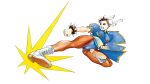  1990s_(style) 1girl bracelet breasts brown_hair bun_cover china_dress chinese_clothes chun-li clenched_hands double_bun dress flying_kick full_body grin hair_bun highres jewelry kicking large_breasts non-web_source official_art outstretched_arm pantyhose pelvic_curtain puffy_short_sleeves puffy_sleeves retro_artstyle short_hair short_sleeves simple_background smile solo spiked_bracelet spikes street_fighter street_fighter_ii_(series) traditional_media white_background 