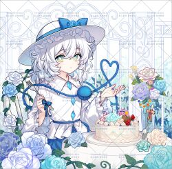  1girl alternate_color blue_bow blue_flower blue_ribbon blue_skirt bow buttons cake chair collared_shirt commentary_request cuivre diamond_button flower food fork frilled_shirt_collar frills fruit green_eyes hair_between_eyes hat hat_bow hat_flower hat_ribbon highres holding holding_fork komeiji_koishi komeiji_satori long_hair long_sleeves looking_at_viewer parted_lips purple_flower purple_rose ribbon rose shirt skirt solo strawberry table third_eye touhou vase watermark watermark_grid white_flower white_hair white_hat white_rose white_shirt 