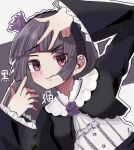  black_hair black_jacket blush collar frilled_collar frilled_jacket frilled_shirt frilled_sleeves frills gokou_ruri gothic_lolita hand_gesture hand_up highres hime_cut illust_nelu jacket lolita_fashion looking_at_viewer ore_no_imouto_ga_konna_ni_kawaii_wake_ga_nai red_eyes shirt smile smug upper_body white_collar white_shirt 