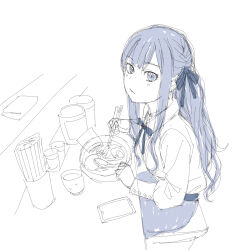  bang_dream! bang_dream!_it's_mygo!!!!! black_ribbon blue_hair bowl cellphone chopsticks cup food hair_ribbon highres holding holding_chopsticks long_hair looking_at_viewer noodles onsen_tamago_(hs_egg) phone ramen ribbon sitting smartphone table togawa_sakiko 