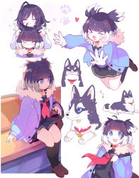  >_< 2girls :3 absurdres ahoge black_hair black_skirt black_socks blue_cardigan blue_eyes blush brown_shoes cardigan character_request closed_eyes closed_mouth collar commentary_request djmax dog hair_ornament hairclip heart highres kneehighs long_sleeves looking_at_viewer multicolored_hair multiple_girls neckerchief open_cardigan open_clothes open_mouth red_collar red_neckerchief school_uniform shoes short_hair skirt smile socks suzuno_(suzuno3110) teeth two-tone_hair upper_teeth_only white_hair x3 x_hair_ornament 