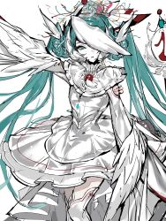  11211t 1girl absurdres aqua_eyes aqua_hair arched_crown arm_cutout beads bib_collar bird bird_brooch brooch cable chinese_commentary clothing_cutout colored_skin commentary crown double_bun dress eyeliner facial_mark feathered_wings feet_out_of_frame flower_facial_mark flower_symbol frilled_dress frills hair_beads hair_between_eyes hair_bun hair_net hair_ornament hand_up hatsune_miku head_wings headset high-low_dress highres jewelry long_hair long_sleeves looking_at_viewer makeup microphone_stand mini_crown musical_note musical_note_print musical_staff musical_staff_print number_tattoo one_eye_covered parted_lips red_eyeliner shoulder_tattoo simple_background solo standing swan tattoo thigh-highs twintails very_long_hair vocaloid white_background white_dress white_skin white_thighhighs white_wings wide_sleeves wing_hair_ornament winged_arms wings wings_over_eyes 